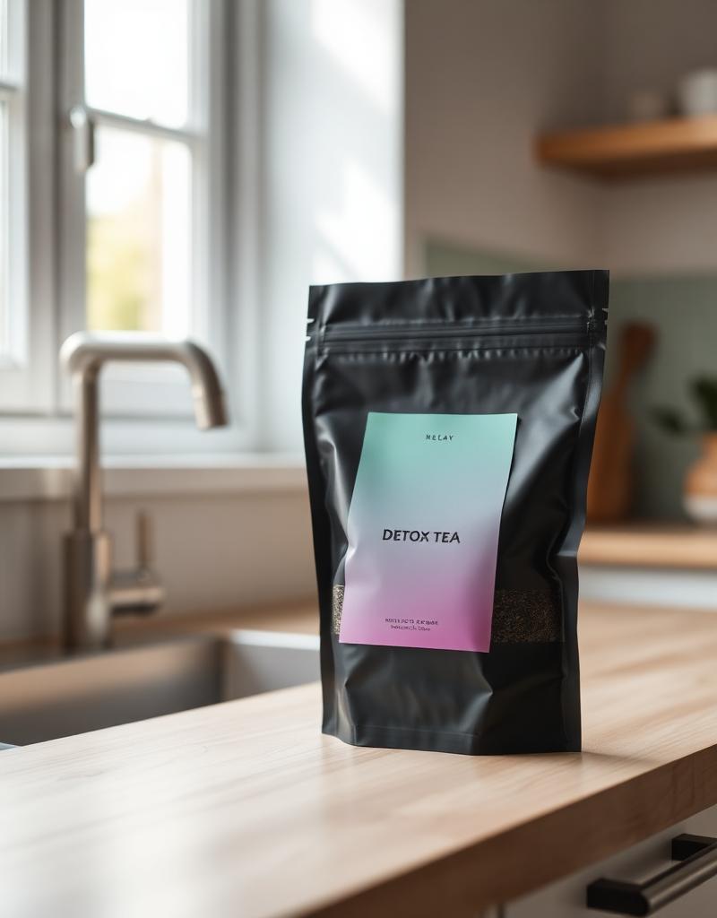 JSM Reset detox tea on a wooden counter in morning light.