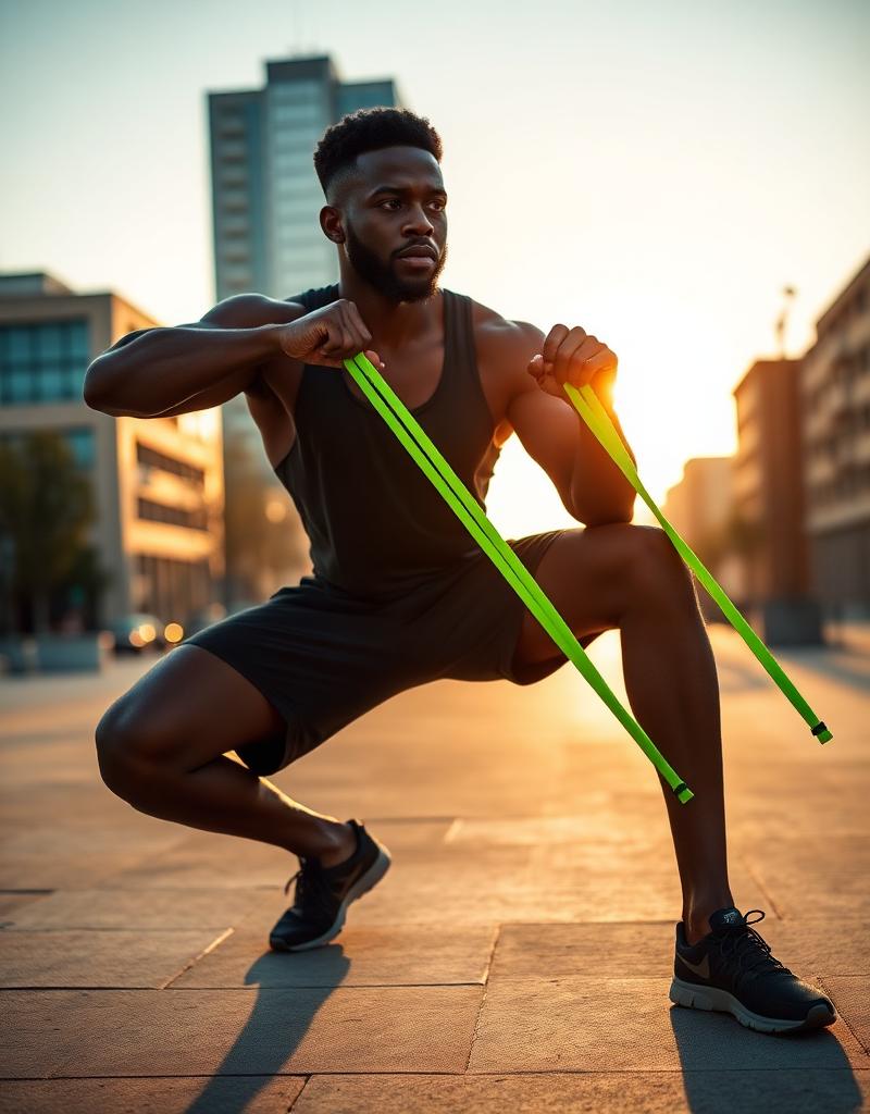 Athlete using JSM Sculpt resistance bands outdoors.