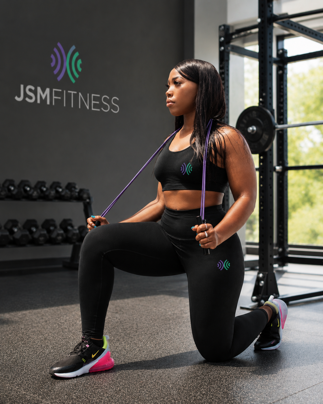 A JSM athlete performing a weighted squat, focused and strong.