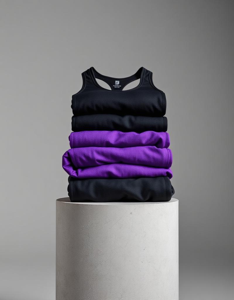 JSM Fitness apparel folded on a minimalist pedestal.